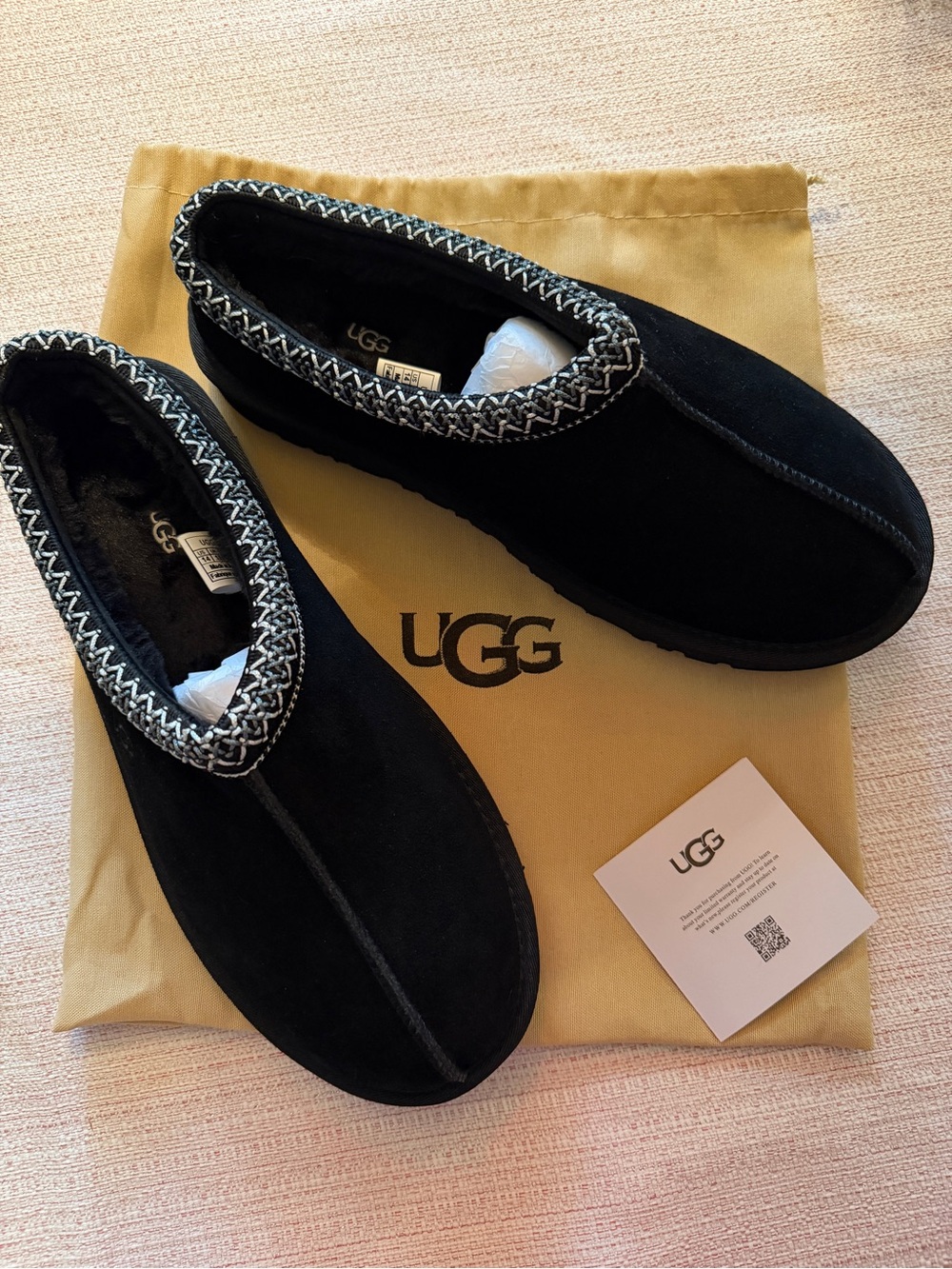 UGG Men's Black Suede Slip-On Moccasins with Patterned Collar